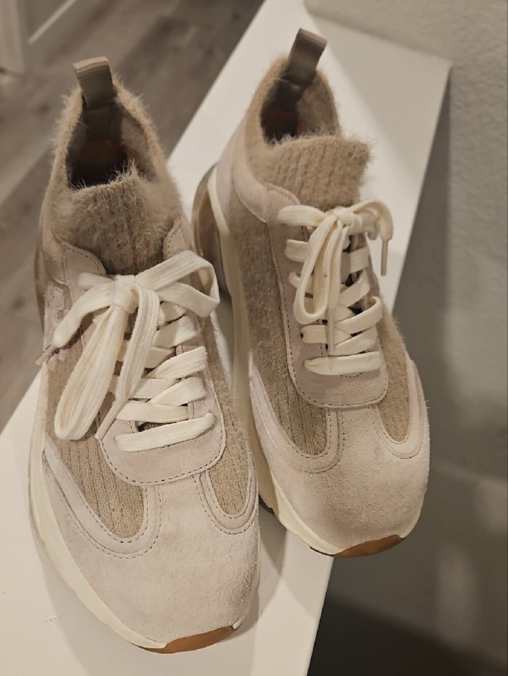 Tory Burch Neutral Beige Suede & Knit Mixed-Media Sneakers - Picture 3 of 6